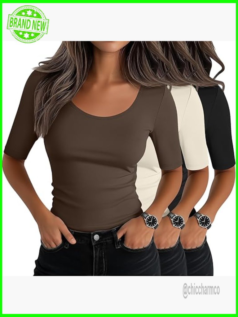 3-Pack Scoop Neck Half Sleeve Slim Fit Stretchy Cotton Tees T-Shirts